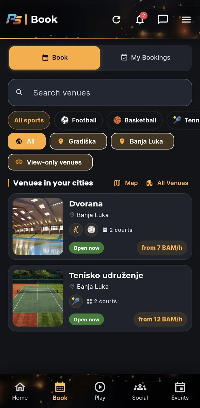 The Book tab: search, sport and city filters, and venue cards showing courts, opening status and hourly price.