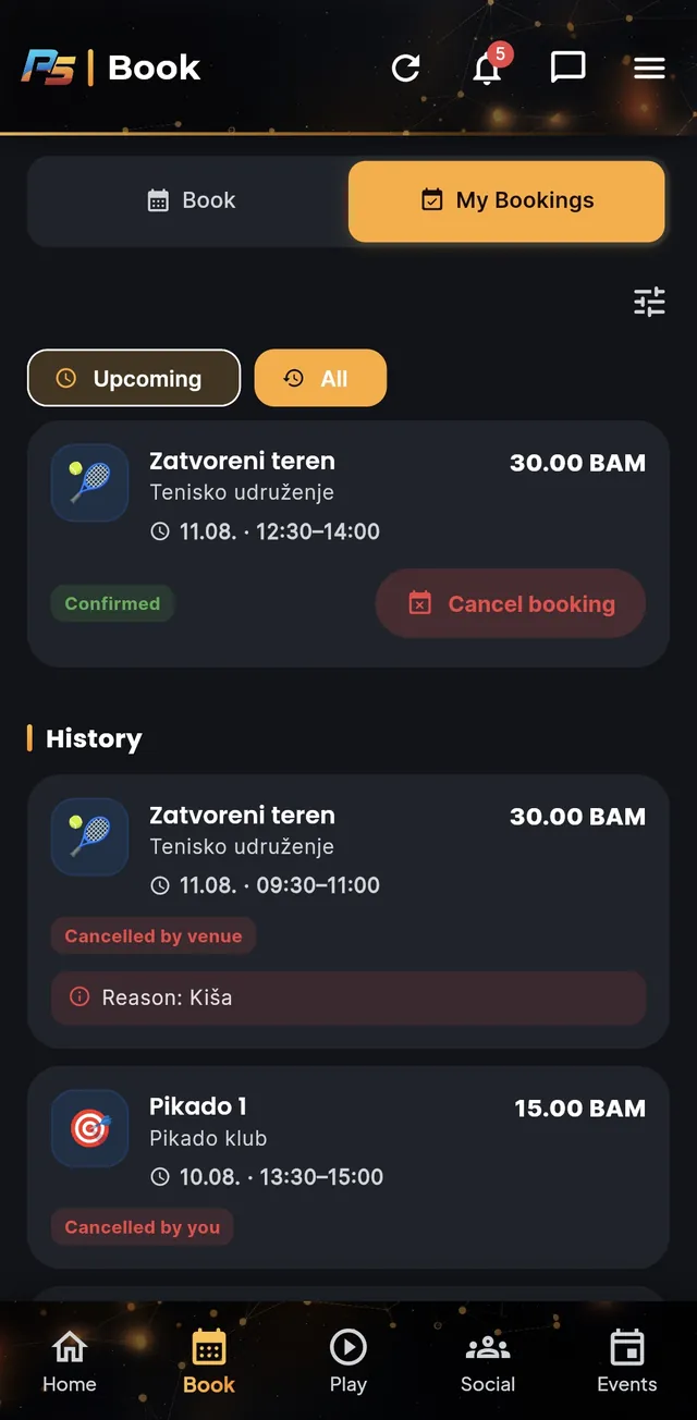 My Bookings: an upcoming confirmed booking with a cancel button, and history showing cancellations with the venue's reason.