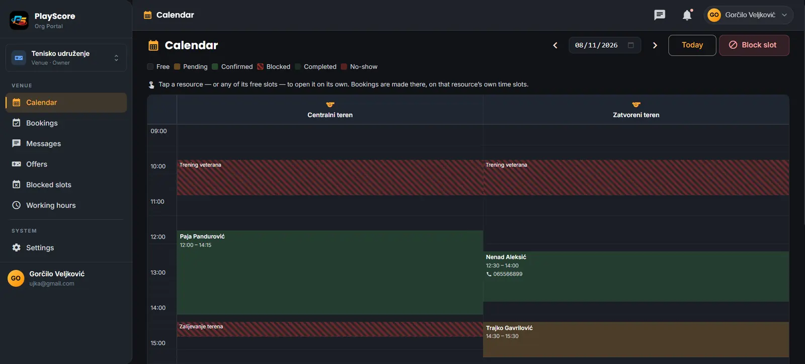 The Org Portal calendar: one column per court, blocked slots hatched in red, confirmed bookings in green with the guest's name and phone number.