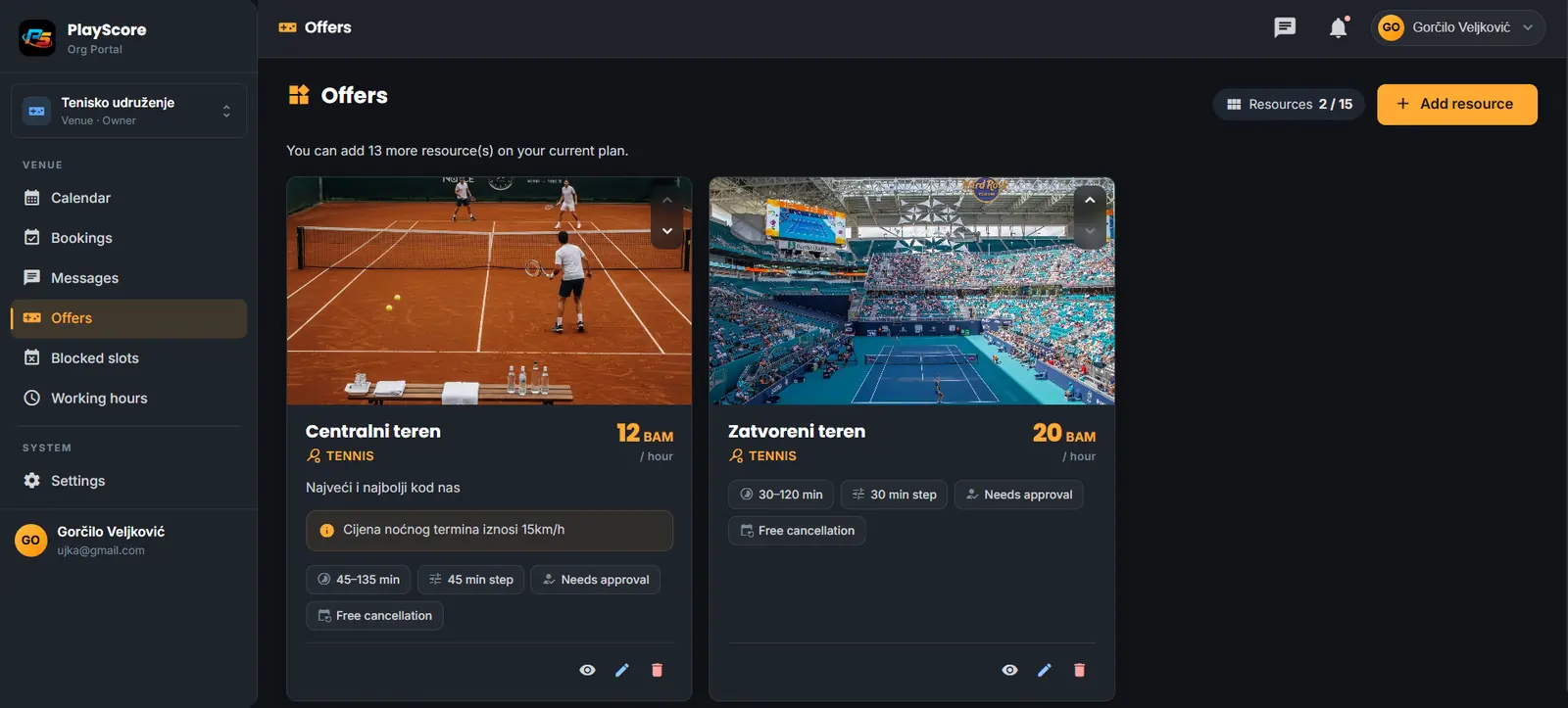 The Org Portal offers page: two tennis courts with photos, hourly price, slot length, booking step, approval mode and cancellation policy.