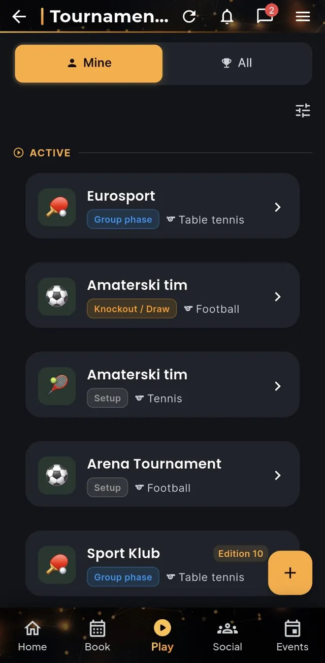 Tournament list with status and sport for each event.